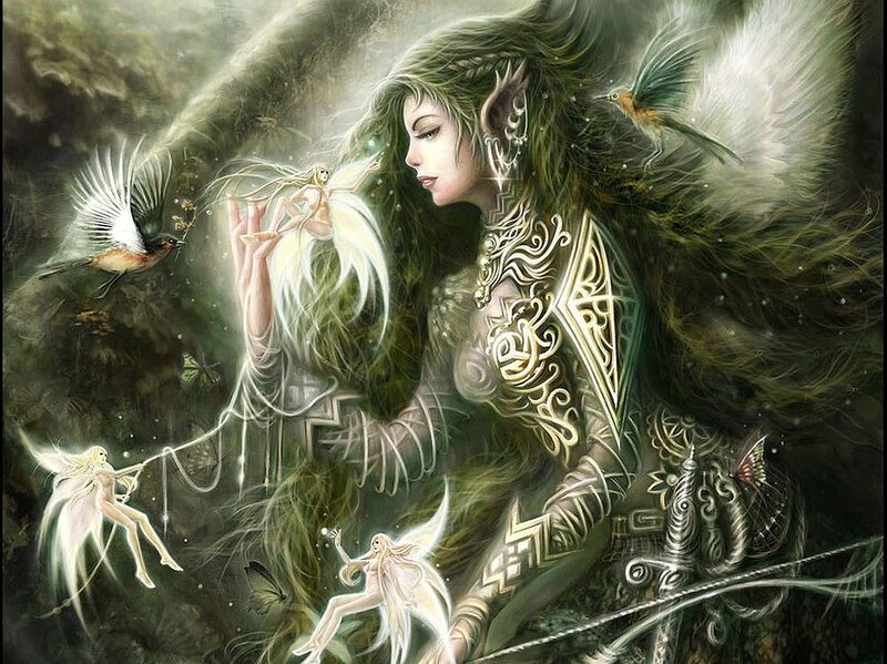 elf queen with fairies and birds