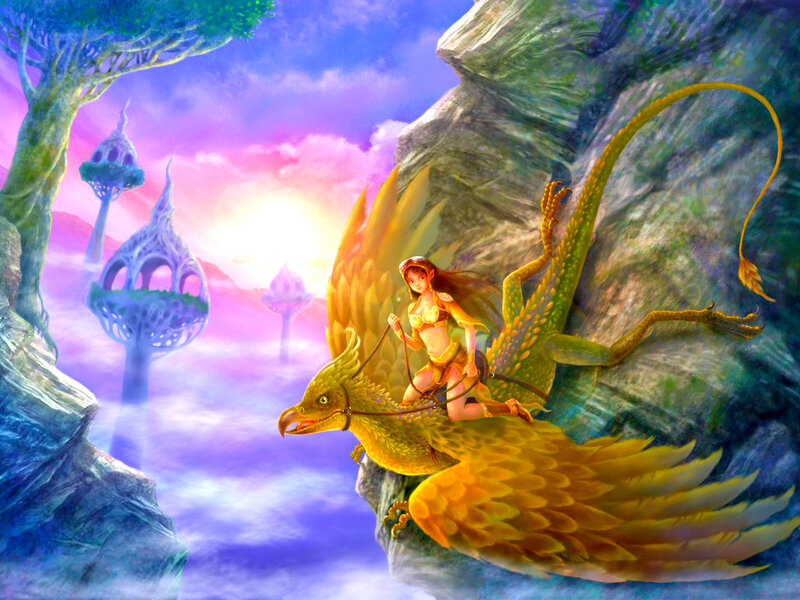 Elf Riding Golden Griffin