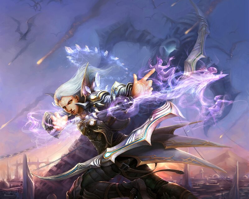 Elf Warrior Casting Spell — Purple, Dramatic, Night