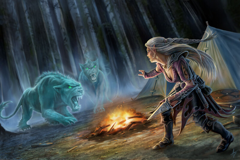 Elf Warrior Fighting Beasts