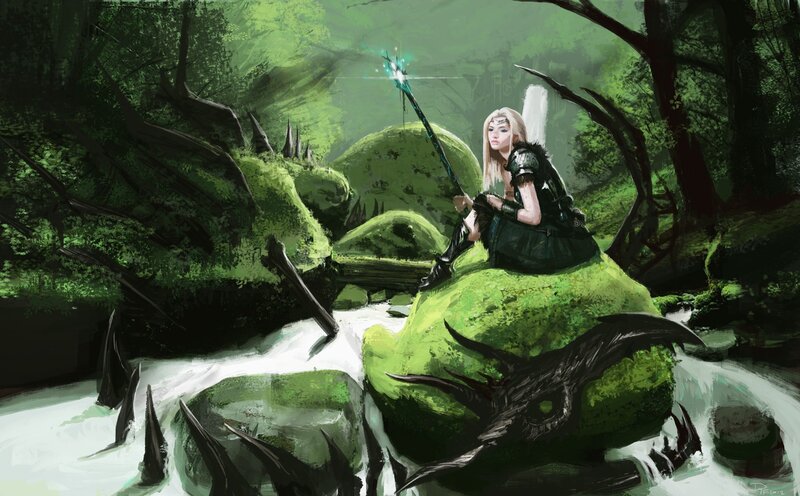 elf warrior in a forest stream