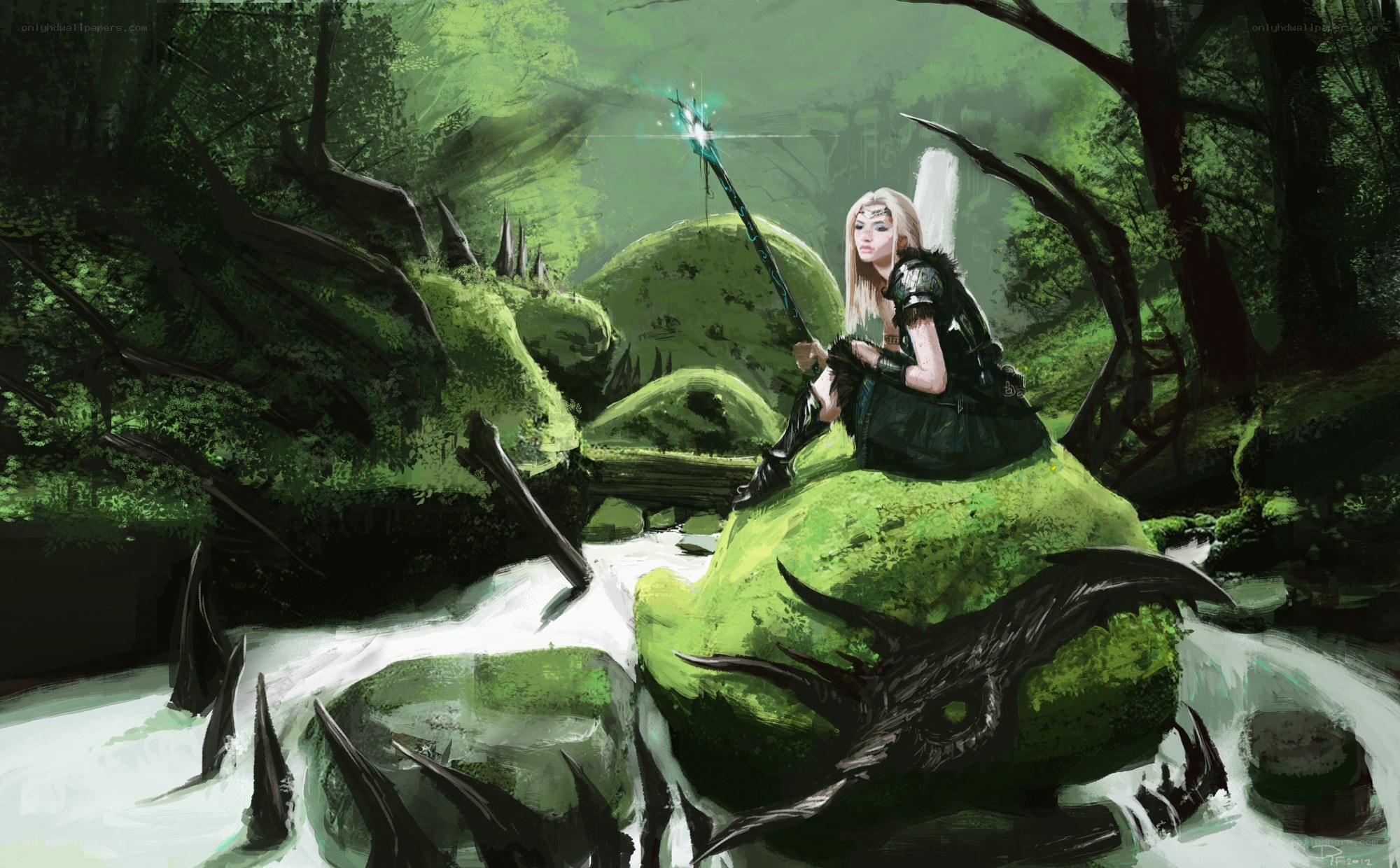 elf warrior in a forest stream