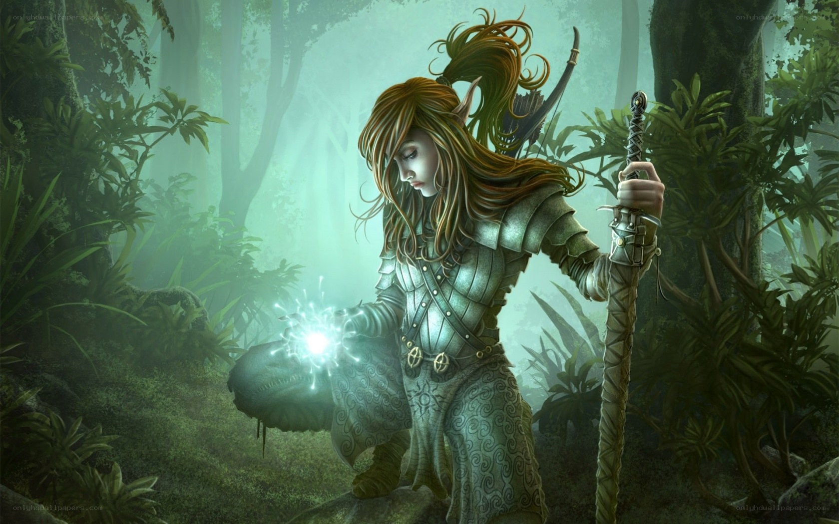 elf warrior in a misty forest