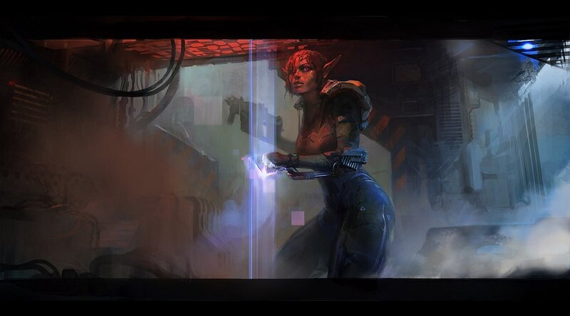 elf warrior in a sci-fi corridor