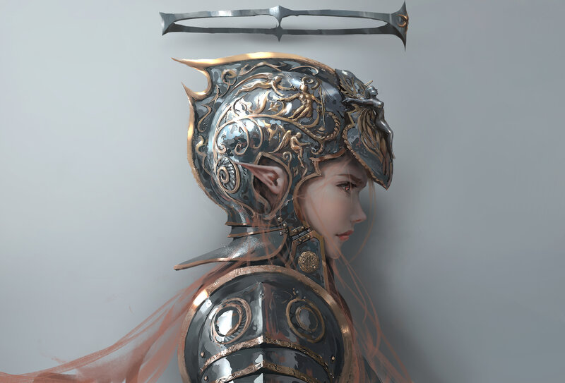Elf Warrior in Armor — Gray, Dramatic, Digital Art, Helmet