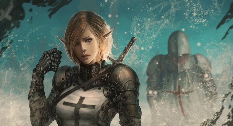Elf Warrior in Armor — Teal, Dramatic, Winter