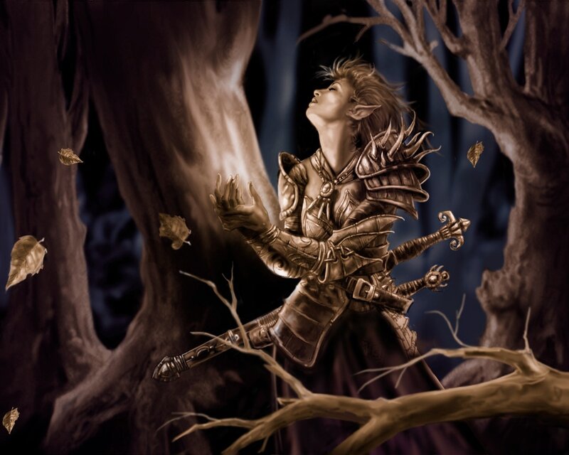 Elf Warrior in Forest — Brown, Dramatic, Night, Digital Art, Armor, Sword, Trees, Black