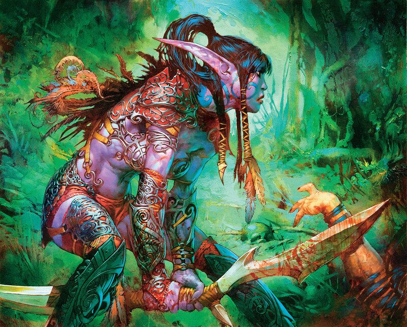 Elf Warrior in Forest — Green, Dramatic, Digital Art