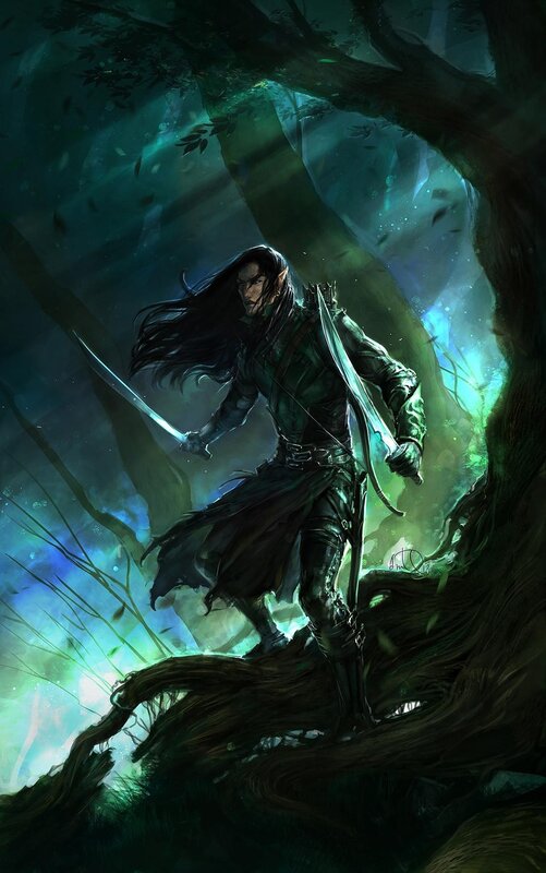 Elf Warrior in Forest — Green, Dramatic, Night, Digital Art, Sword, Bow