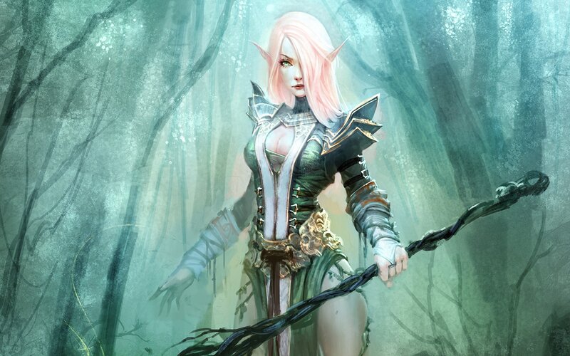 Elf Warrior in Forest — Green, Mysterious, Digital Art, Staff