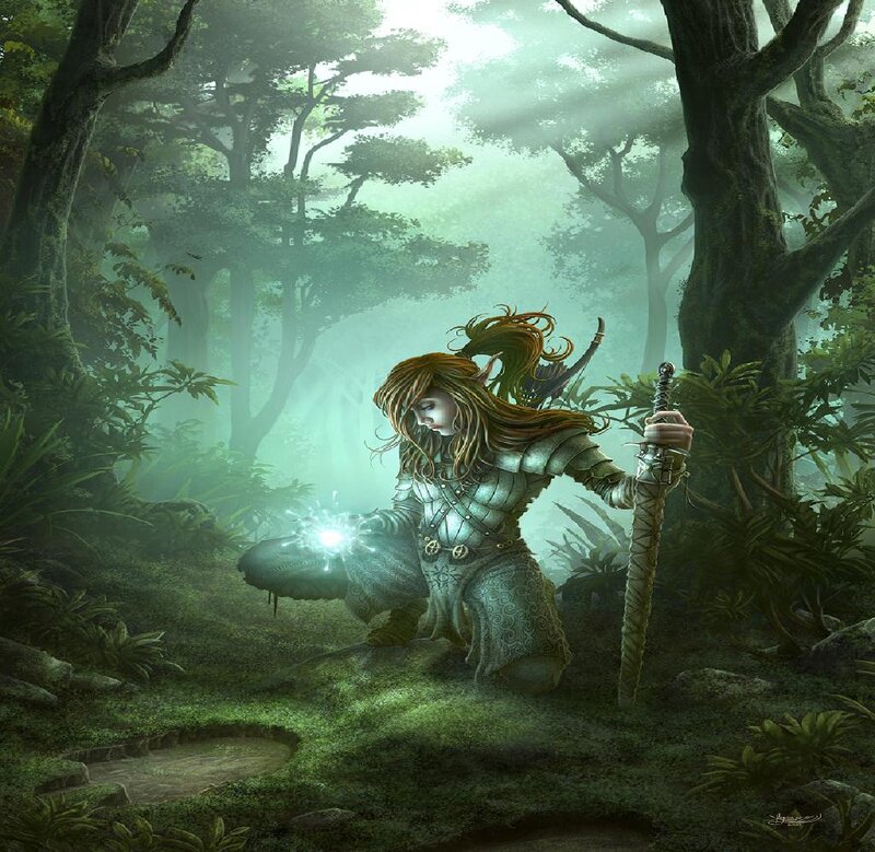 Elf Warrior in Forest — Green, Mysterious, Morning