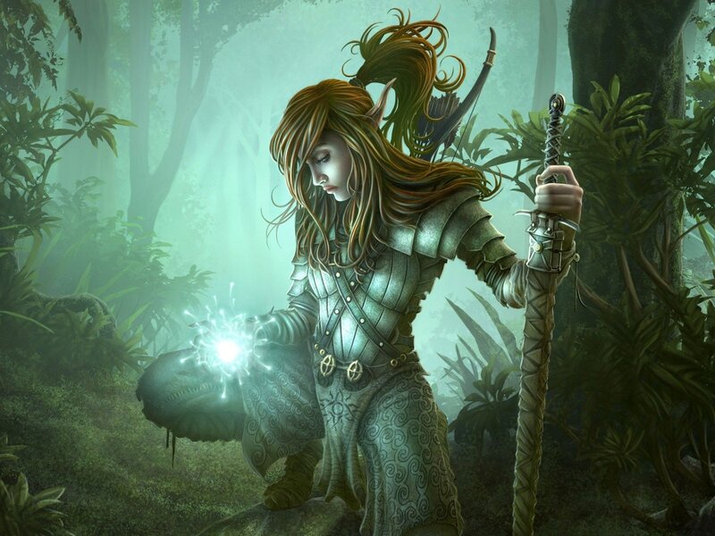 Elf Warrior in Forest — Green, Mysterious, Night, Digital Art