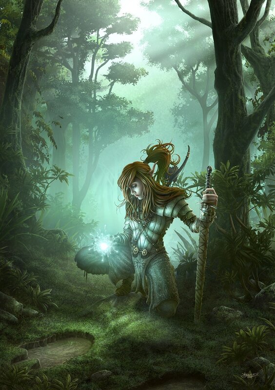 elf warrior in misty forest