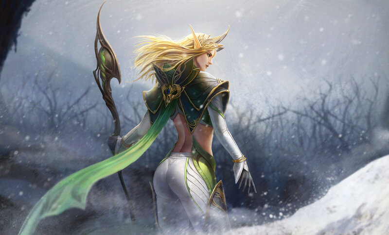 Elf Warrior in Snow — White, Dramatic, Winter, Digital Art, Forest