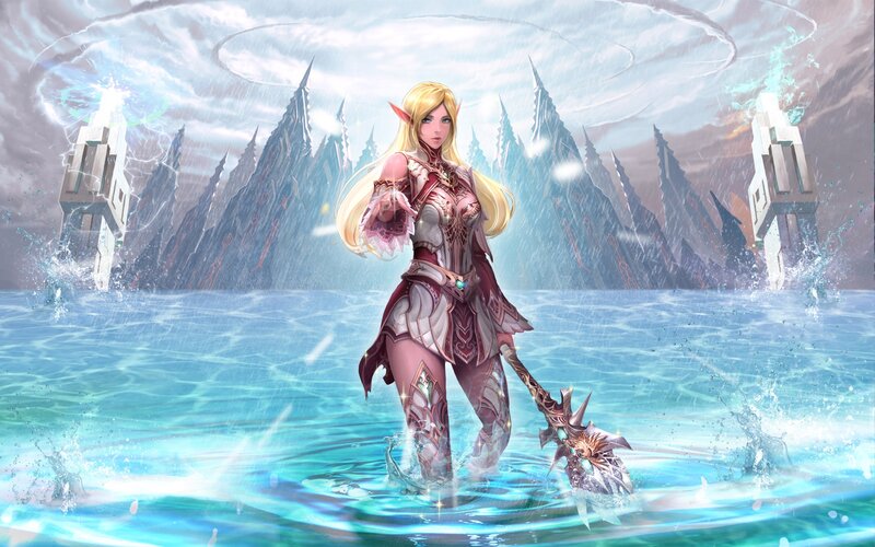 Elf Warrior in Water — Blue, Dramatic, Digital Art, Sword