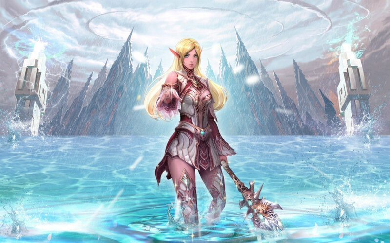 Elf Warrior in Water — Blue, Dramatic, Digital Art