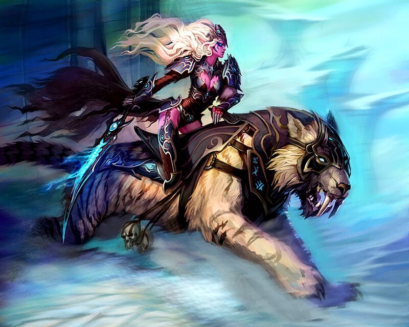 Elf Warrior on Saber-toothed Cat — Blue, Dramatic