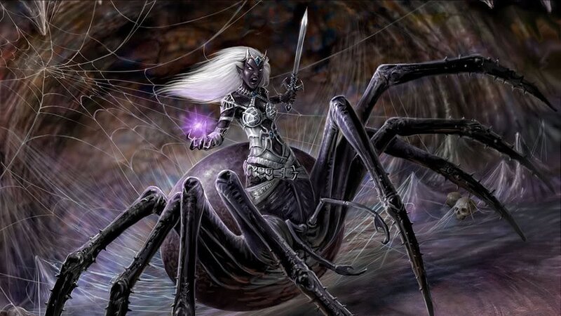 Elf Warrior on Spider — Black, Dramatic