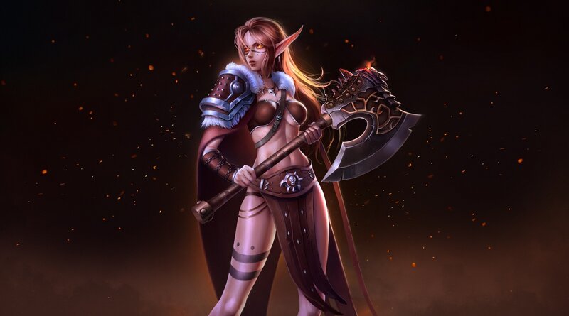 Elf Warrior with Axe — Black, Dramatic, Night