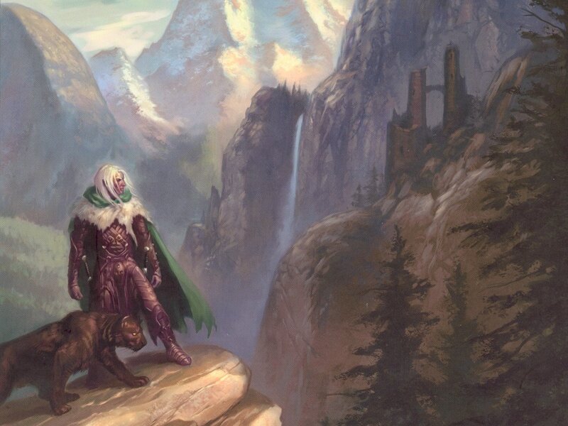 elf warrior with bear in mountains