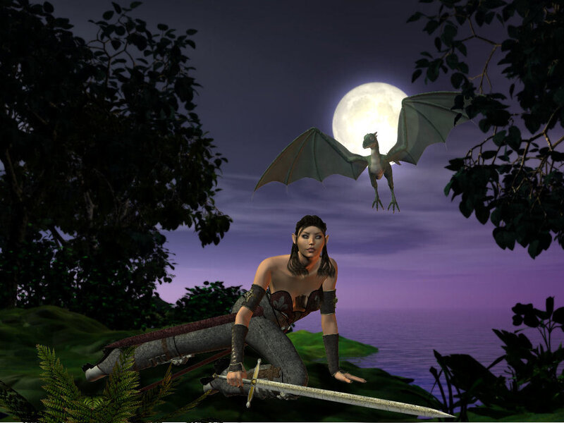 elf warrior with dragon at night
