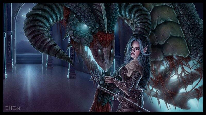 Elf Warrior with Dragon — Blue, Dramatic, Night, Digital Art, Sword, Castle