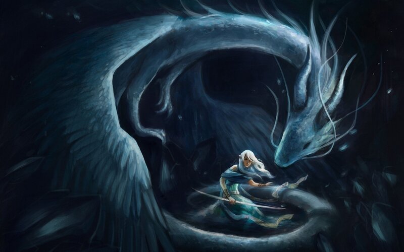 Elf Warrior with Dragon — Blue, Dramatic, Night, Digital Art