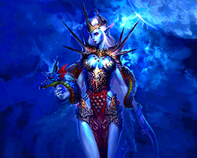 Elf Warrior with Dragon — Blue, Dramatic, Night