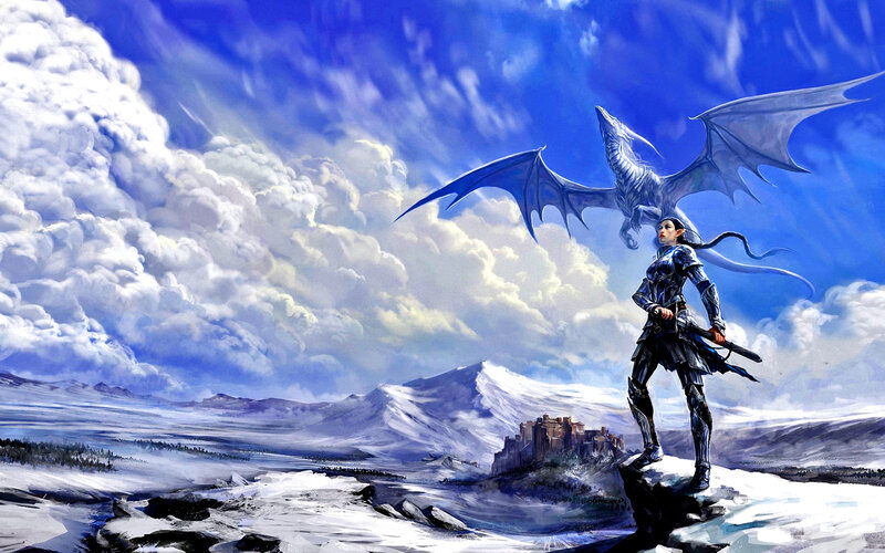 Elf Warrior with Dragon — Blue, Dramatic, Winter