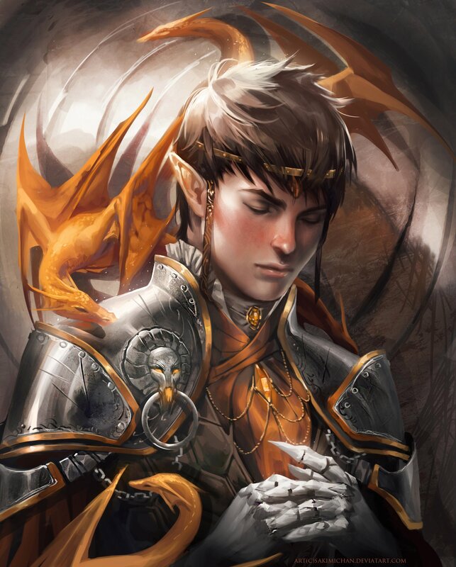 Elf Warrior with Dragon — Orange, Dramatic, Digital Art, Armor