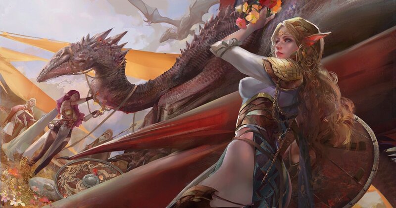 Elf Warrior with Dragon — Red, Dramatic, Afternoon