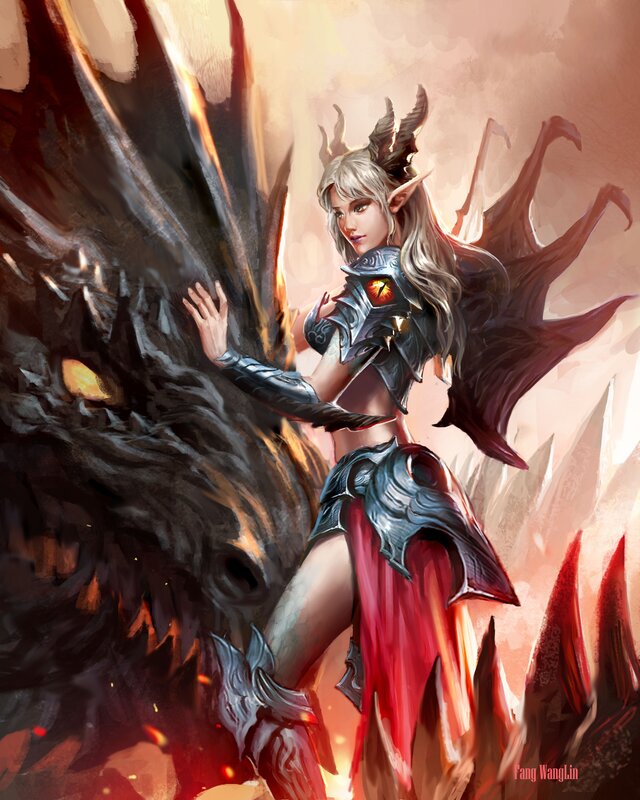 Elf Warrior with Dragon — Red, Dramatic, Digital Art