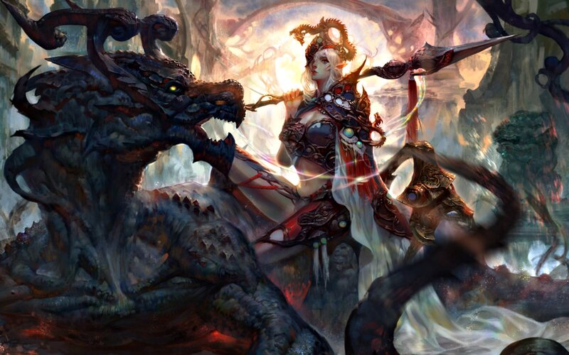 Elf Warrior with Dragon — White, Dramatic