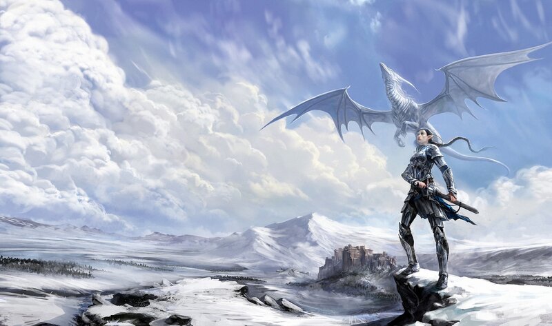 Elf Warrior with Dragon — White, Dramatic, Winter