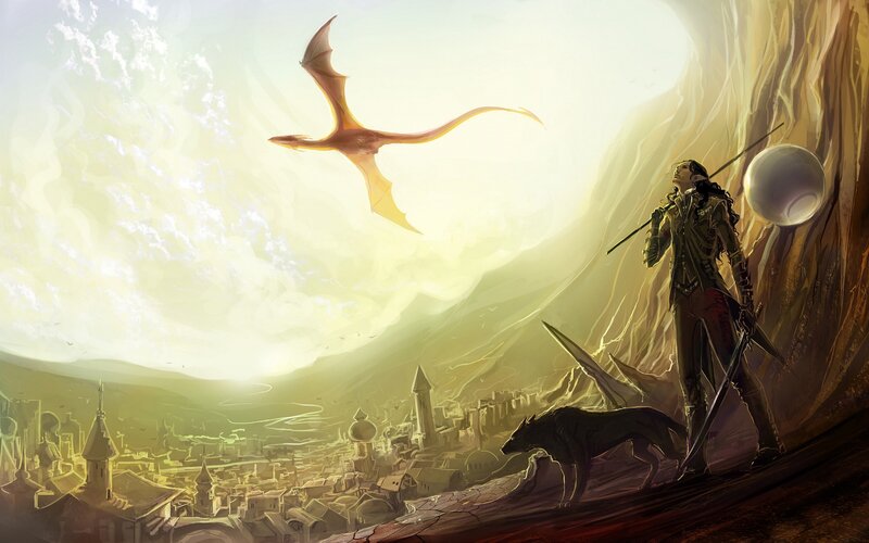 Elf Warrior with Dragon — Yellow, Dramatic