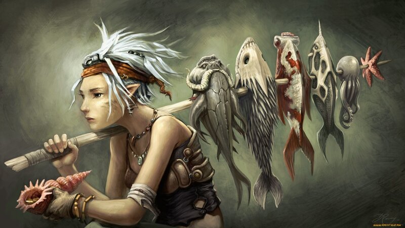 elf warrior with fish catch