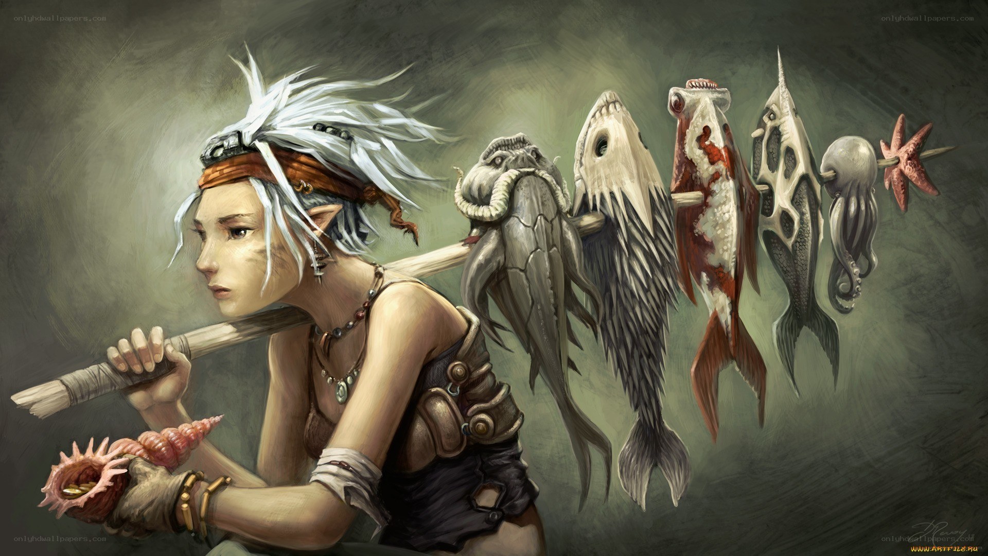 elf warrior with fish catch