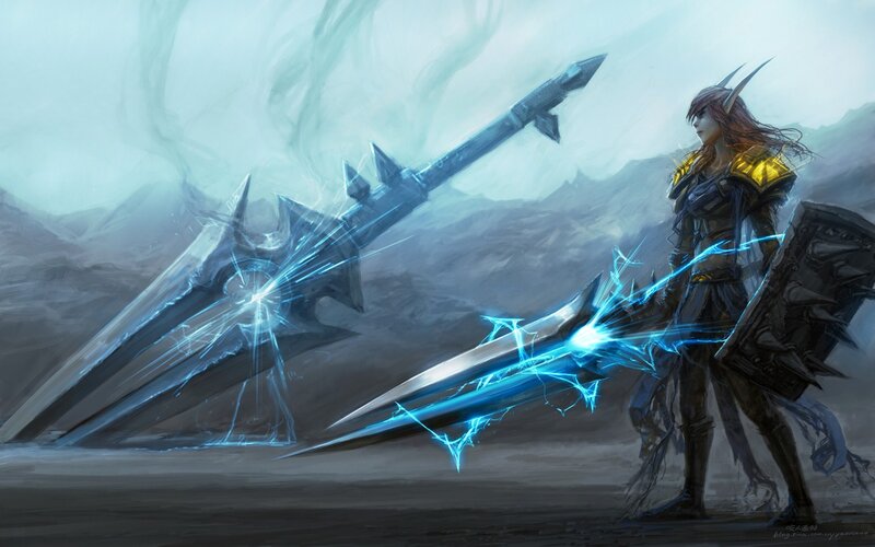 elf warrior with glowing weapons