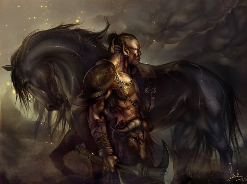 Elf Warrior with Horse — Black, Dramatic