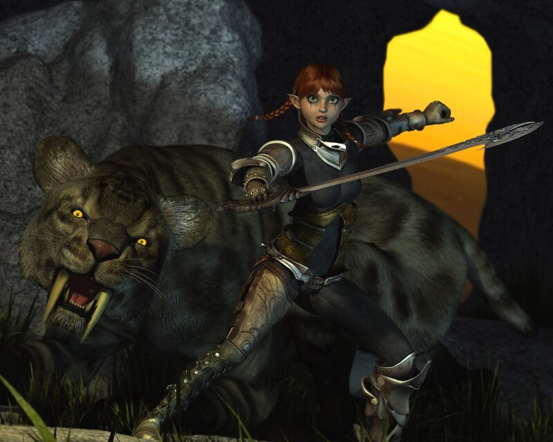 Elf Warrior with Saber-toothed Cat — Gray