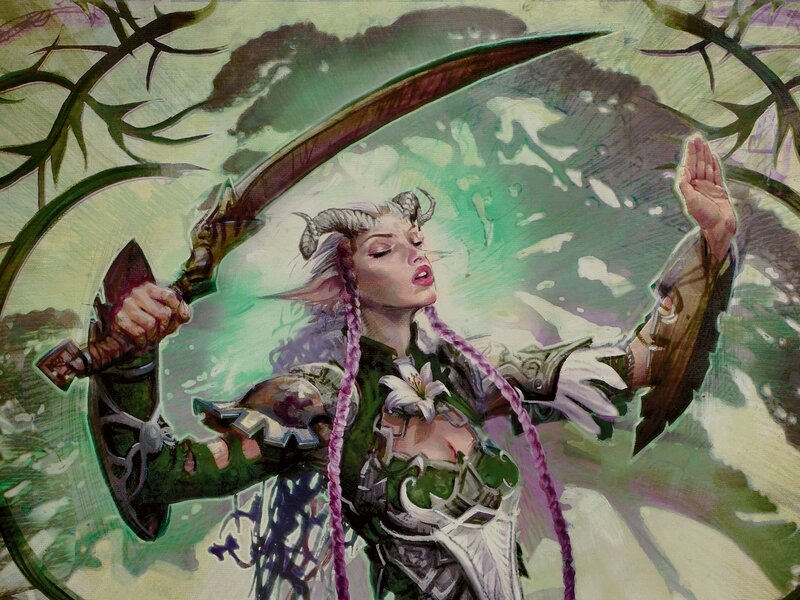 Elf Warrior with Scythe — Green, Dramatic, Digital Art