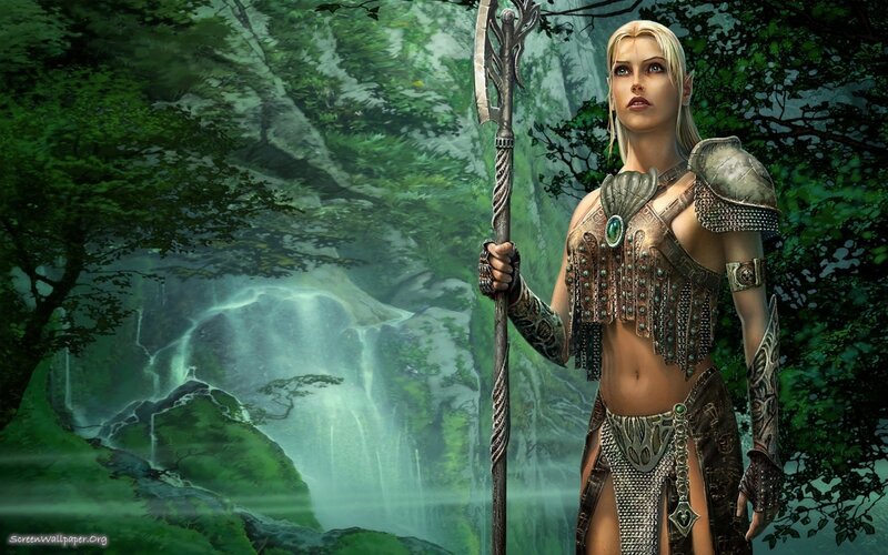 Elf Warrior with Spear — Green, Dramatic, Digital Art, Forest, Waterfall