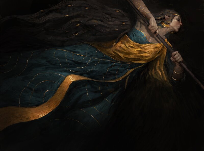 Elf Warrior with Staff — Black, Dramatic, Night, Digital Art, Cloak