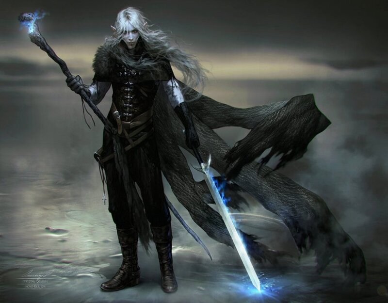 Elf Warrior with Staff — Black, Dramatic, Night, Digital Art