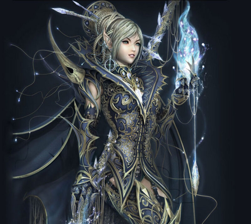 Elf Warrior with Staff — Black, Dramatic