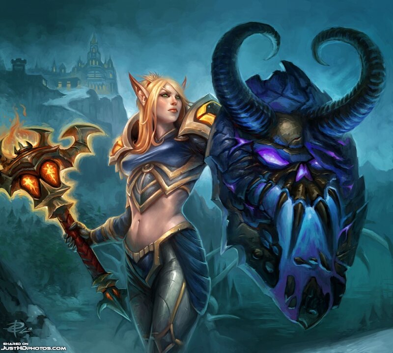Elf Warrior with Staff — Blue, Dramatic, Night, Digital Art, Dragon Skull