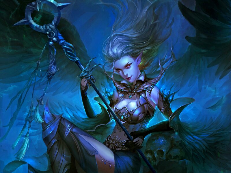 Elf Warrior with Staff — Blue, Dramatic, Night, Digital Art