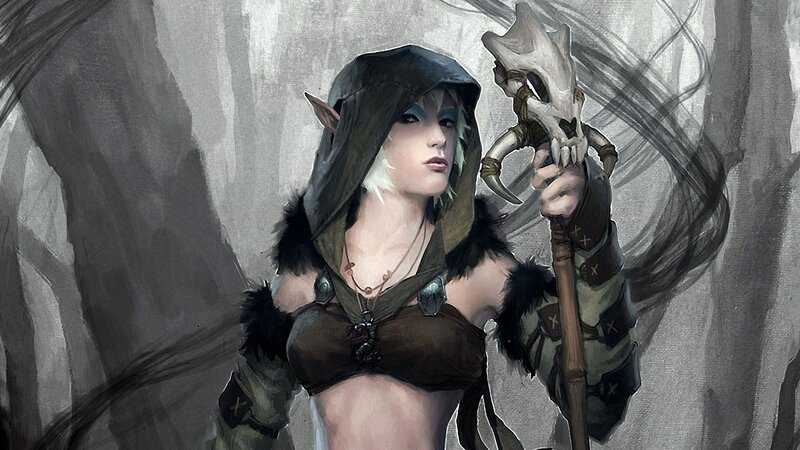 Elf Warrior with Staff — Gray, Dramatic, Digital Art