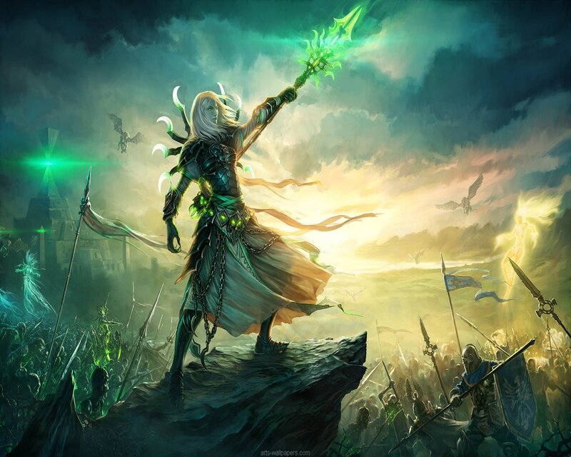 Elf Warrior with Staff — Green, Dramatic, Sunset