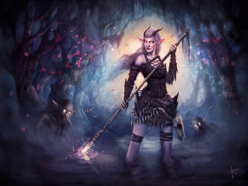 Elf Warrior with Staff — Purple, Dramatic, Night, Digital Art, Demons, Forest
